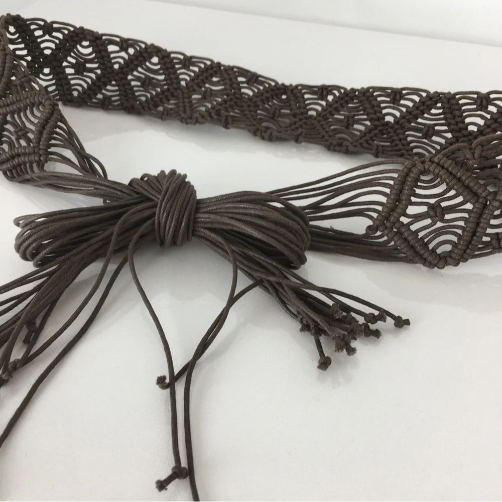 Women’s Boho Macrame Woven Fringe Statement Belt Tie Front Brown Coastal Cowgirl